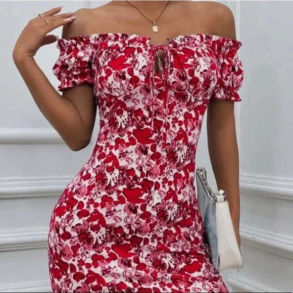 Boho Blue Floral Print Off Shoulder Bodycon Dress - Picture 5 of 11